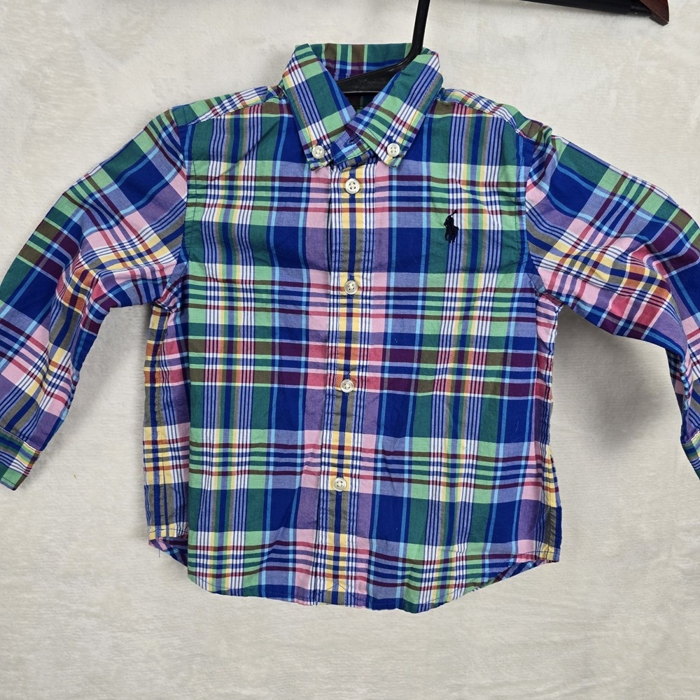 Ralph Lauren Size 18M Boys Plaid Long Sleeve Button Up Natural Stretch Cotton